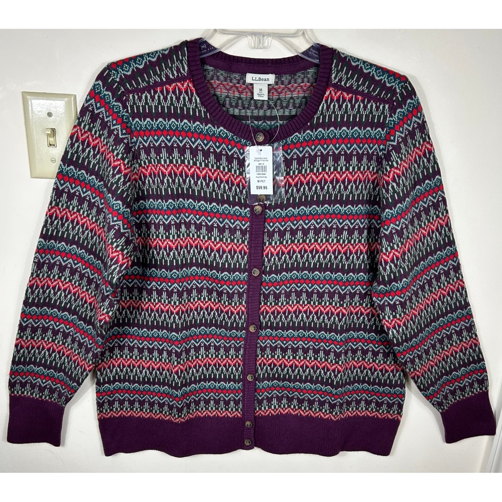 L.L.Bean Cardigan Sweater‎ Womens MP Plum Fair Isle Cotton Cashmere Ivy League